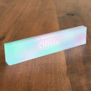 Iridescent Holographic Gradient Desk Name Plate