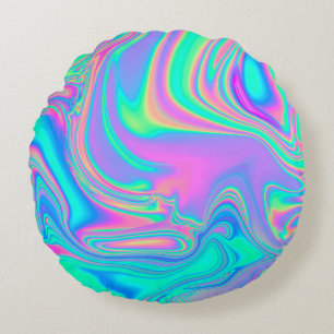 Iridescent Holographic: Neon Marbled Texture Round Pillow
