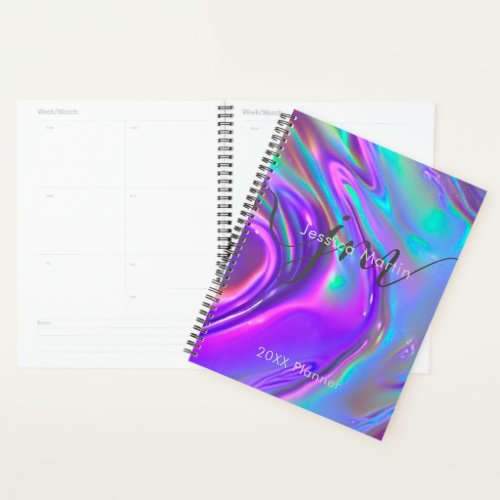 Iridescent Holographic Rainbow Swirl Monogram Planner