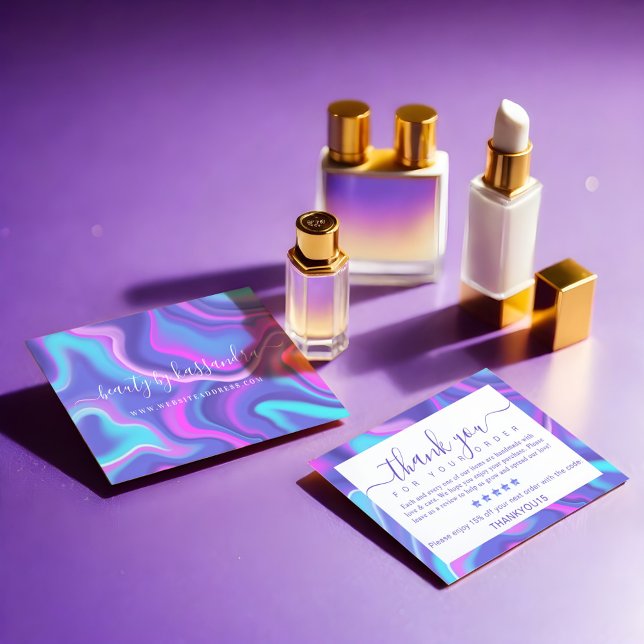 Iridescent Holographic Thank you for your Order Card (Pink Abstract Iridescent Holographic Beauty Artist Appointment Card)