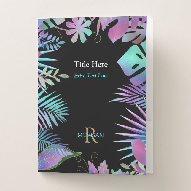 Iridescent Leaves DIY Monogram & Name, Info, Black Pocket Folder (Front)