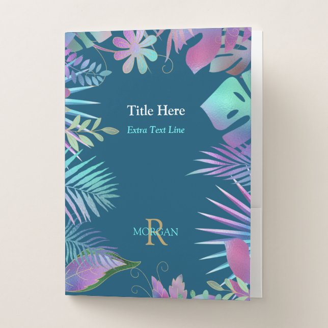 Iridescent Leaves DIY Monogram Name Info OceanBlue Pocket Folder (Front)