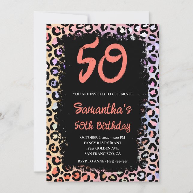 Iridescent Leopard Coral and Black 50th Birthday Invitation (Front)