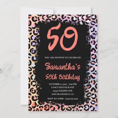 Iridescent Leopard Coral and Black 50th Birthday Invitation