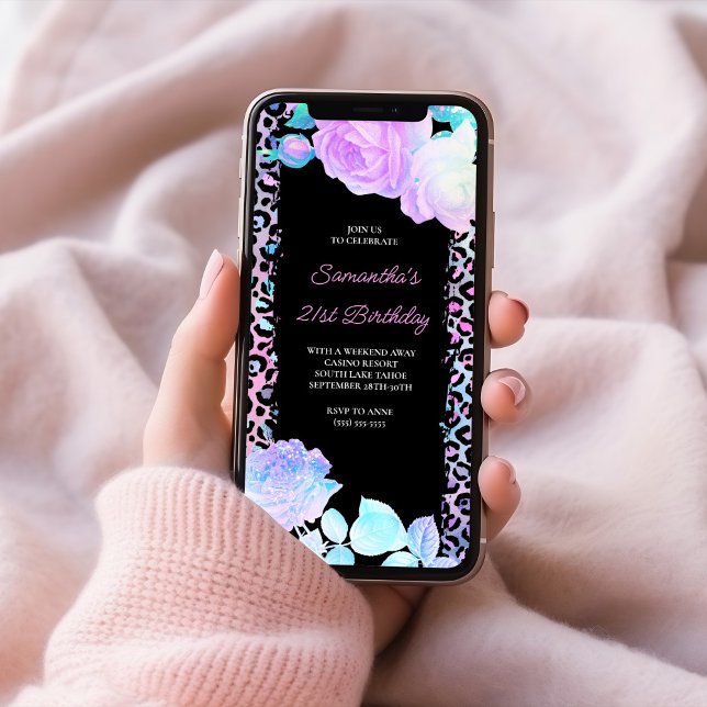 Iridescent Leopard Painted Black 21st Birthday Invitation (Iridescent Leopard Painted Black 21st Birthday Invitation)