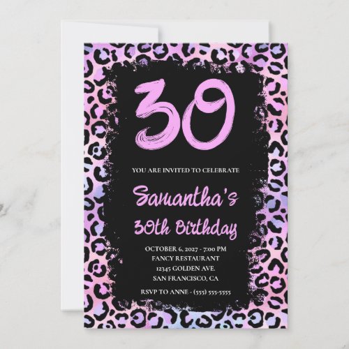 Iridescent Leopard Pink and Black 30th Birthday Invitation