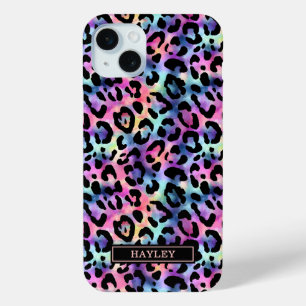 Iridescent Leopard Print Monogrammed iPhone 15 Plus Case