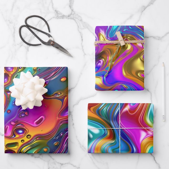 Iridescent Liquid Chrome Effect Design Wrapping Paper Sheets (Front)