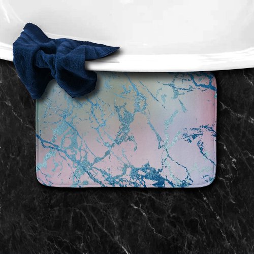 Iridescent Marble  Trendy Faux Holo Blue Pink Bath Mat