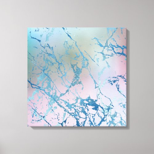 Iridescent Marble  Trendy Faux Holo Blue Pink Canvas Print