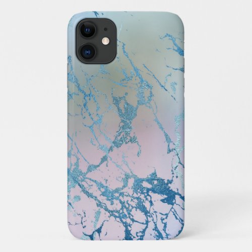Iridescent Marble  Trendy Faux Holo Blue Pink iPhone 11 Case