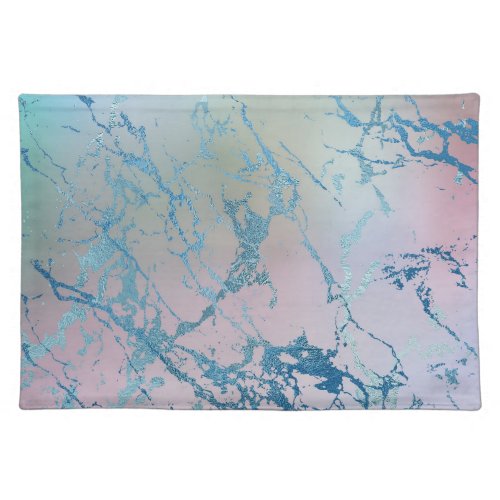 Iridescent Marble  Trendy Faux Holo Blue Pink Cloth Placemat