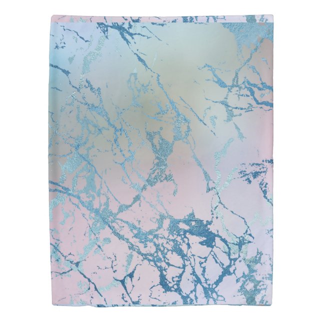 Iridescent Marble | Trendy Faux Holo Blue Pink Duvet Cover (Front)