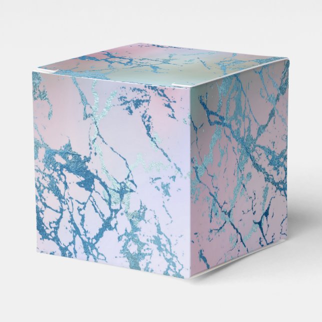 Iridescent Marble | Trendy Faux Holo Blue Pink Favor Boxes (Front Side)