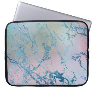 Iridescent Marble Trendy Faux Holo Blue Pink Laptop Sleeve