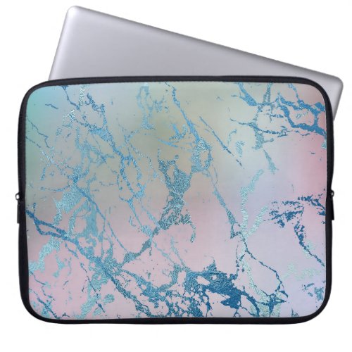 Iridescent Marble  Trendy Faux Holo Blue Pink Laptop Sleeve