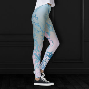 Iridescent Marble Trendy Faux Holo Blue Pink Leggings