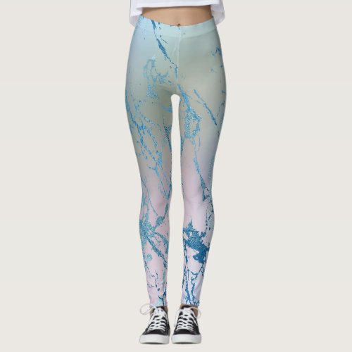 Iridescent Marble  Trendy Faux Holo Blue Pink Leggings