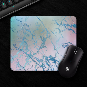 Iridescent Marble Trendy Faux Holo Blue Pink Mouse Pad