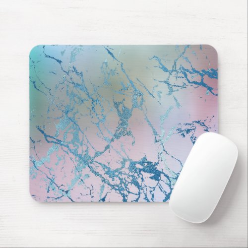 Iridescent Marble  Trendy Faux Holo Blue Pink Mouse Pad