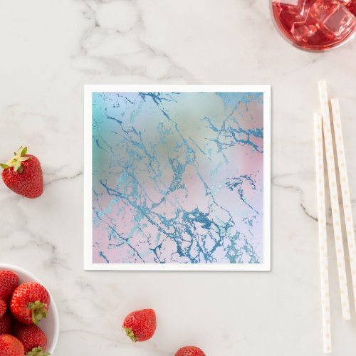 Iridescent Marble  Trendy Faux Holo Blue Pink Napkins