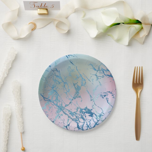 Iridescent Marble | Trendy Faux Holo Blue Pink Paper Plates (Wedding)