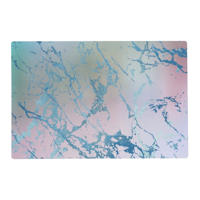 Iridescent Marble | Trendy Faux Holo Blue Pink Placemat (Front)