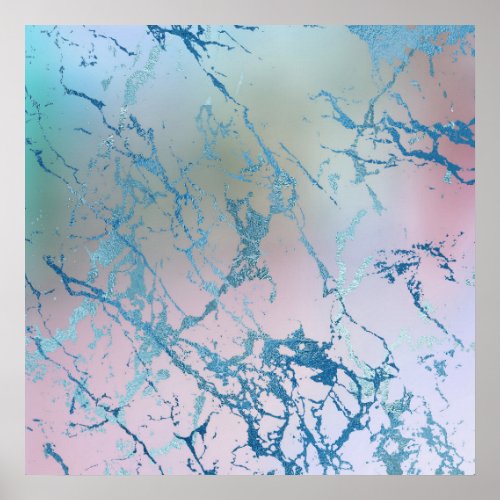 Iridescent Marble  Trendy Faux Holo Blue Pink Poster