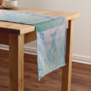 Iridescent Marble Trendy Faux Holo Blue Pink Short Table Runner