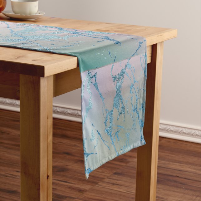 Iridescent Marble | Trendy Faux Holo Blue Pink Short Table Runner (In Situ)