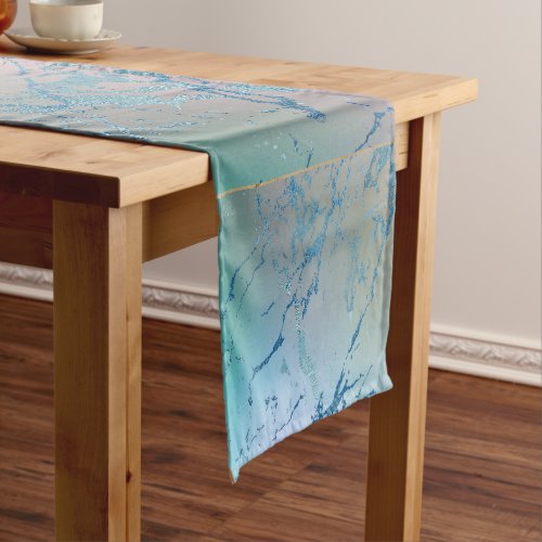 Iridescent Marble  Trendy Faux Holo Blue Pink Short Table Runner