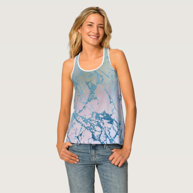 Iridescent Marble | Trendy Faux Holo Blue Pink Tank Top (Front Full)