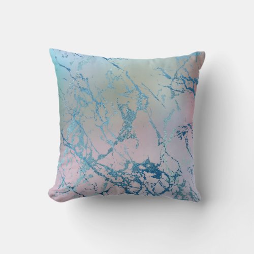 Iridescent Marble  Trendy Faux Holo Blue Pink Throw Pillow