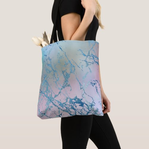 Iridescent Marble  Trendy Faux Holo Blue Pink Tote Bag