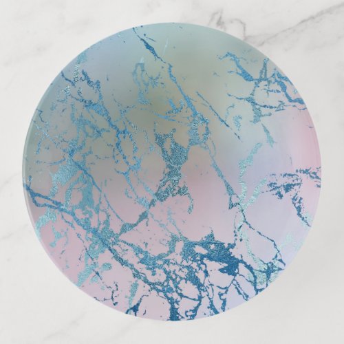Iridescent Marble  Trendy Faux Holo Blue Pink Trinket Tray
