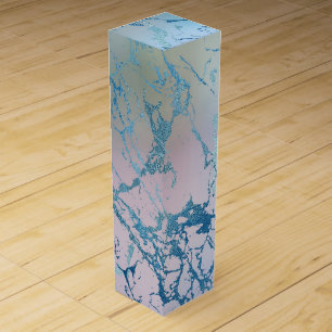 Iridescent Marble   Trendy Faux Holo Blue Pink Wine Box
