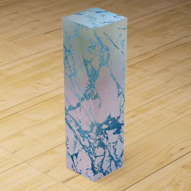 Iridescent Marble | Trendy Faux Holo Blue Pink Wine Box (Front)
