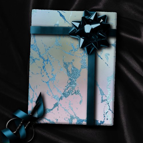 Iridescent Marble  Trendy Faux Holo Blue Pink Wrapping Paper