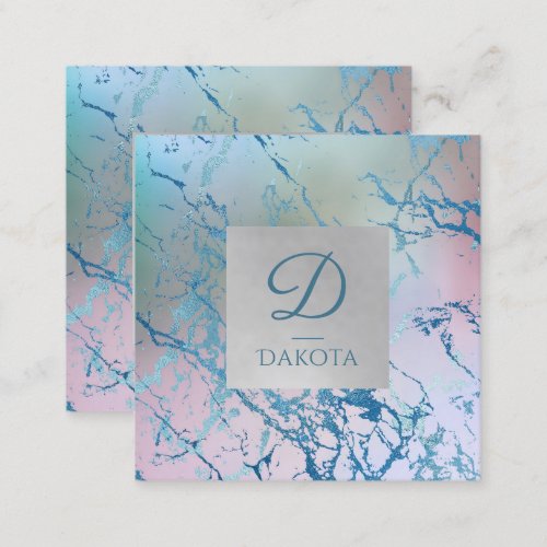 Iridescent Marble  Trendy Faux Holo Monogram Square Business Card