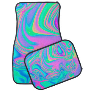 Iridescent marbled holographic texture in vibrant car floor mat