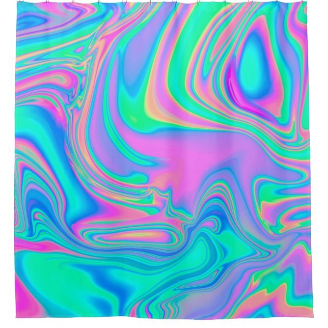 Iridescent marbled holographic texture in vibrant  shower curtain (Front)