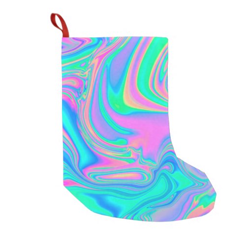 Iridescent marbled holographic texture in vibrant  small christmas stocking