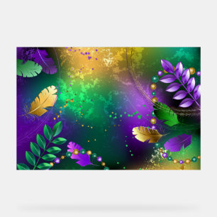 Iridescent mardi gras background with beads acrylic sign
