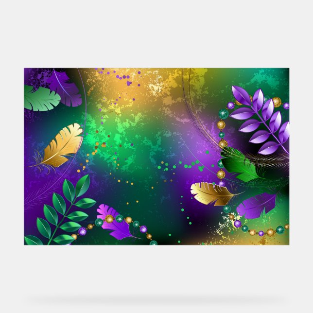 Iridescent mardi gras background with beads acrylic sign (Front)