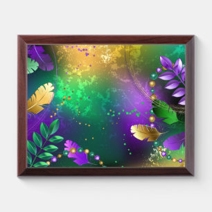 Iridescent mardi gras background with beads award plaque