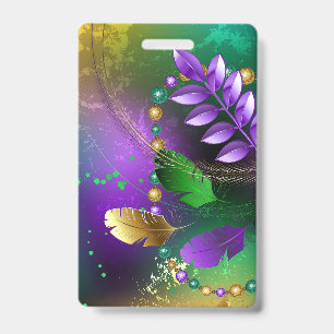 Iridescent mardi gras background with beads badge