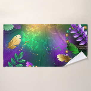 Iridescent mardi gras background with beads bath towel