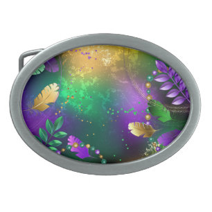 Iridescent mardi gras background with beads belt buckle