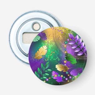 Iridescent mardi gras background with beads bottle opener