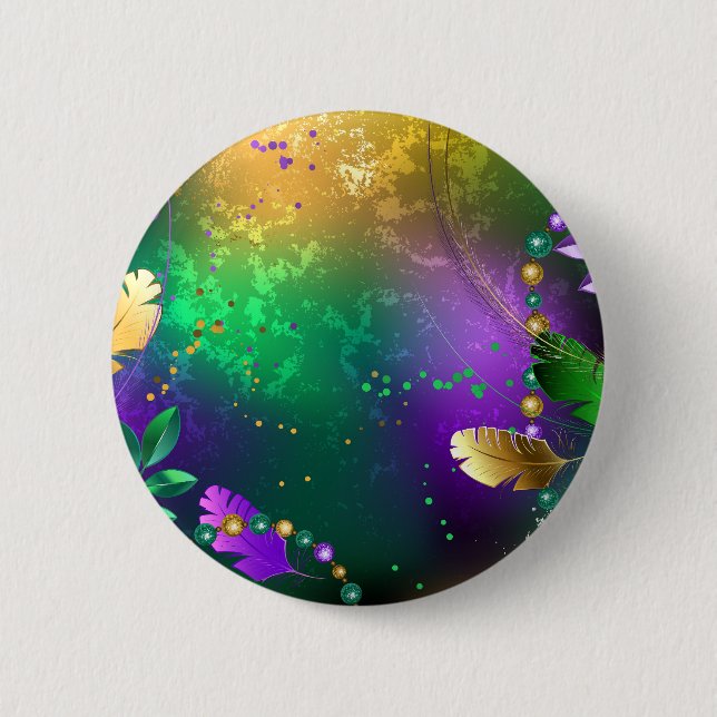 Iridescent mardi gras background with beads button (Front)